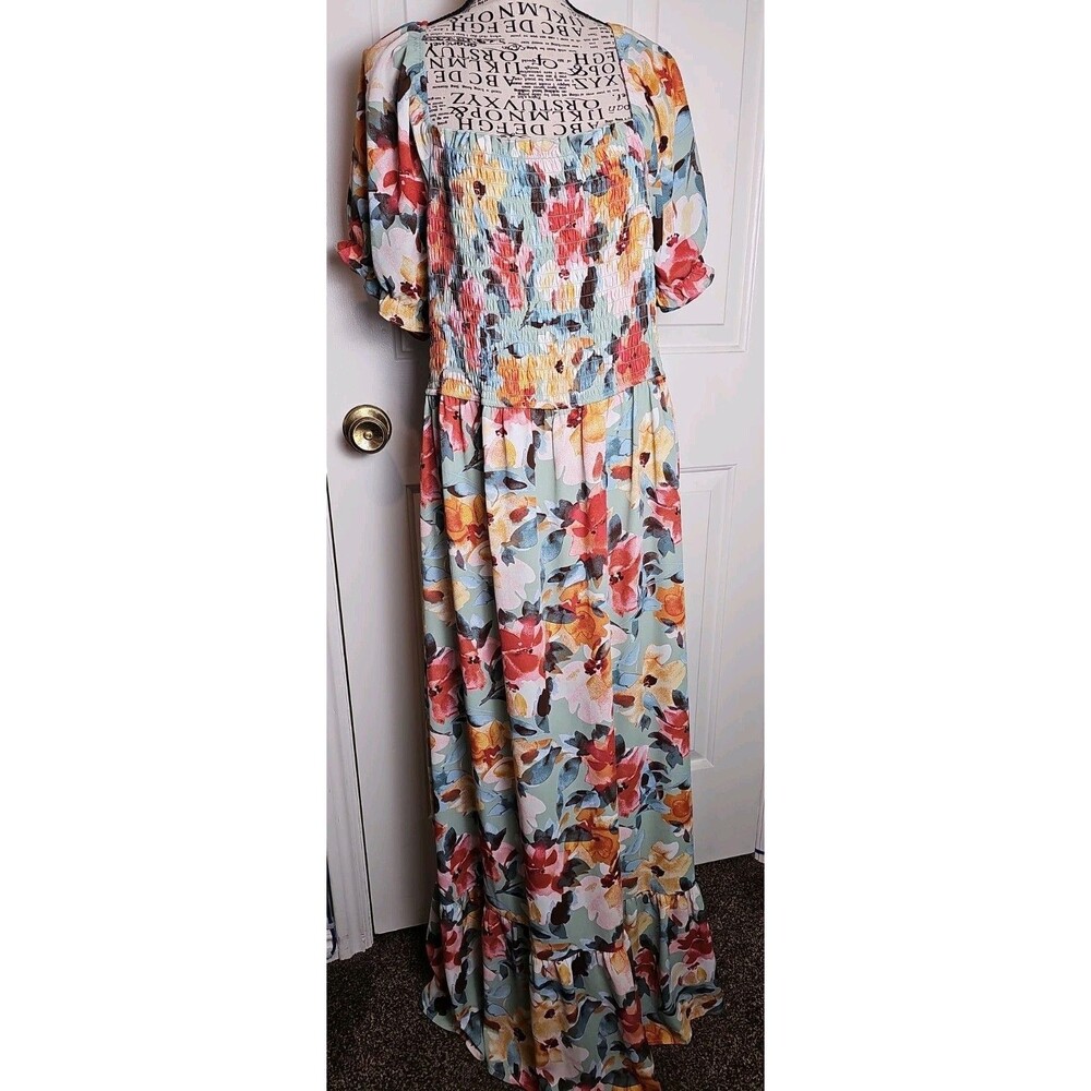 Inspired Hearts Women's 2X Floral Maxi Dress Green Smocked Square Neck Puff...